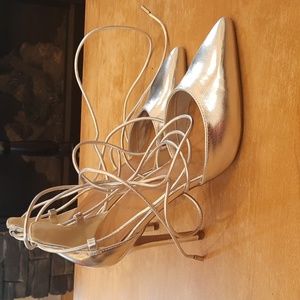 Asos silver metallic  lace around ankle stilleto heels size 8